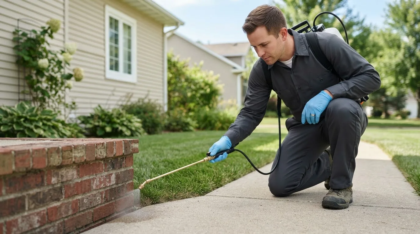 Pest control technician treating a home near Quinlan, TX