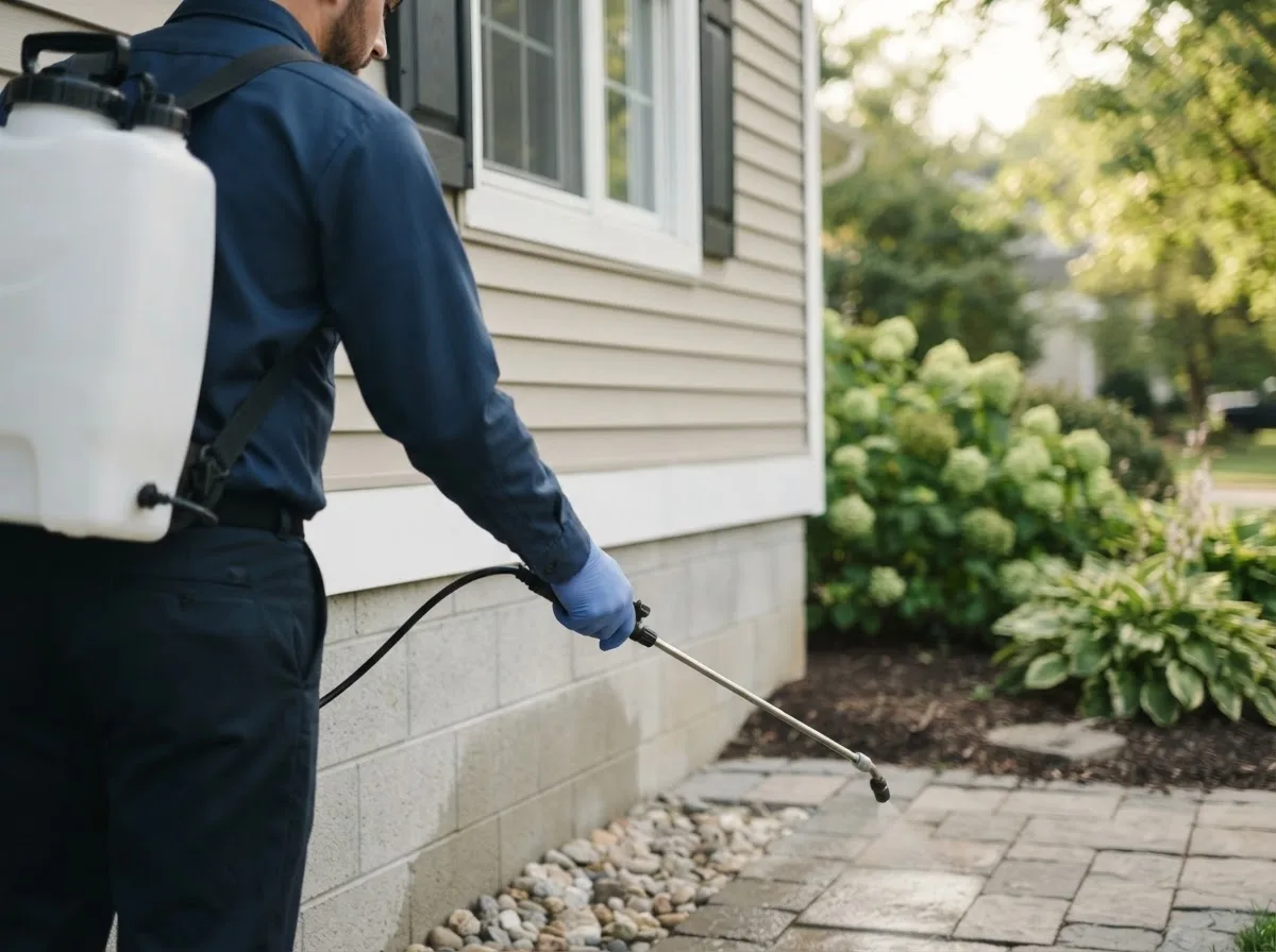 Pest control technician inspecting a home in Quinlan, TX